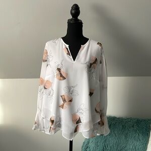 Alfani Women’s Size Large White Floral Print Bell Sleeve Blouse Top